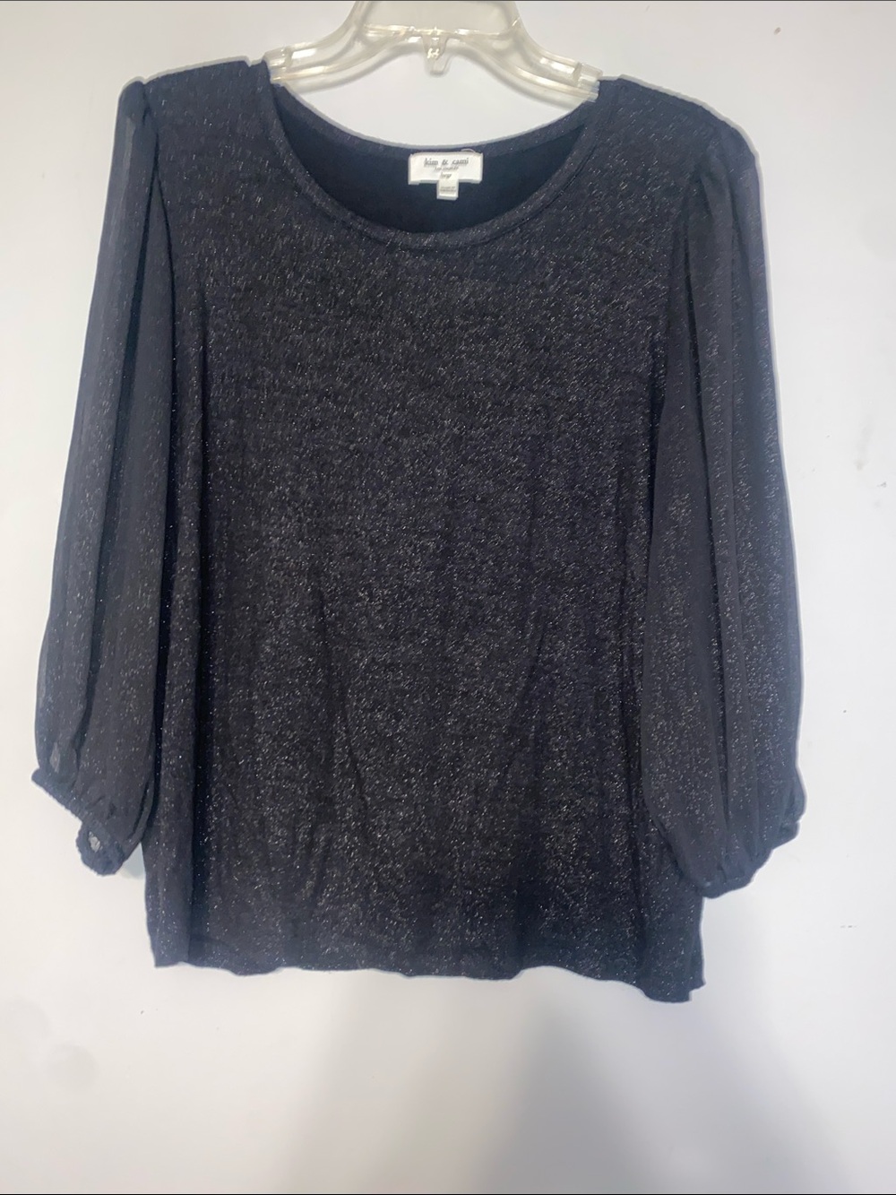 Kim & Cami Black Shimmer Puff-Sleeve Top